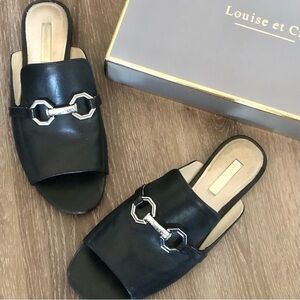 Louise et Cie Black Mules Leather with Silver Horsebit Detail Open-toe size 7.5